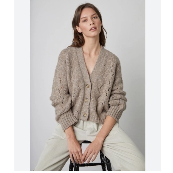 Sweaters - Greyish Taupe Knit Sweater With Ruffles & Wood Buttons